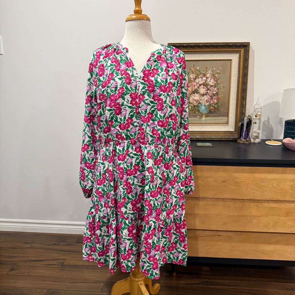 Draper James Pink & Green Floral Long Sleeve Dress